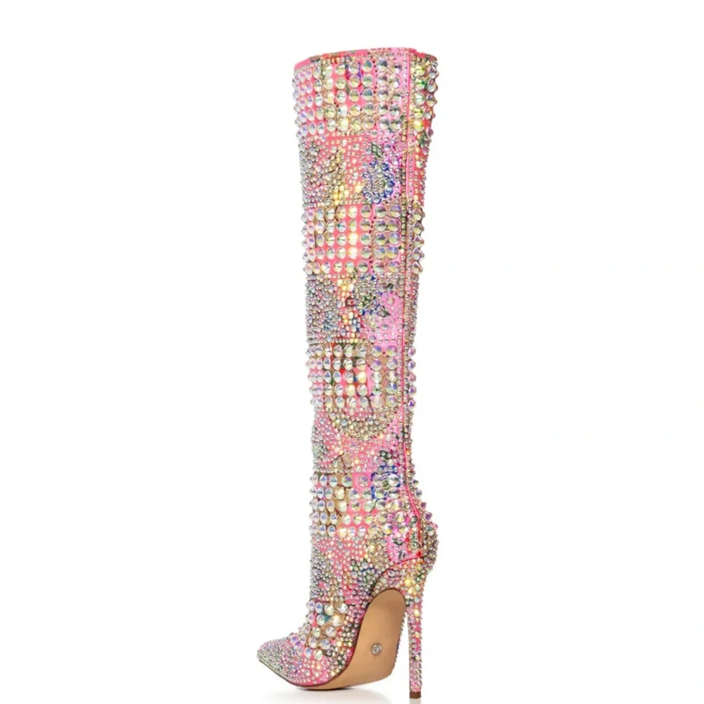 AZALEA WANG Pink Floral Embroidered Brocade Rhinestone Boots